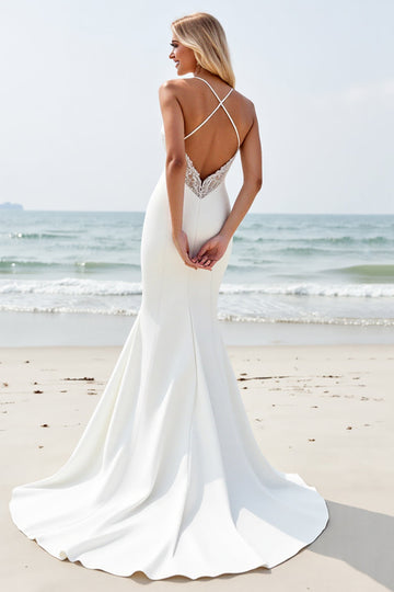 lvory Sirène Spaghetti Bretelles Robe de mariée avec fente